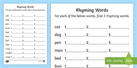 Students are given an array of words and must search through them to find which ones rhyme with an example word. FREE! - Rhyming Words Worksheet - worksheets, worksheet ...