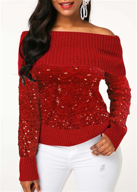 Red Off The Shoulder Sequin Embellished Sweater Fall Fashion Sweaters