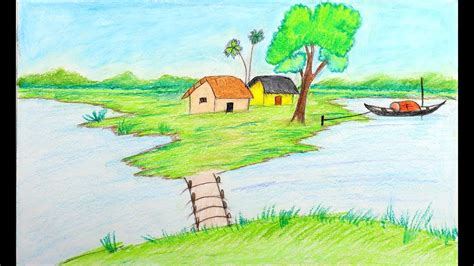 How To Draw A Landscape Very Easy Landscape Drawing Tutorial Youtube