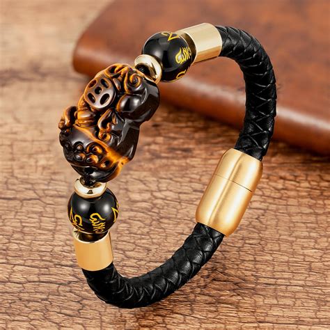 Feng Shui Bracelet With Different Genuine Stones For Men Leather Rope