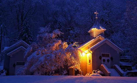 Church In The Night Snow Night Winter Church Hd Wallpaper Peakpx
