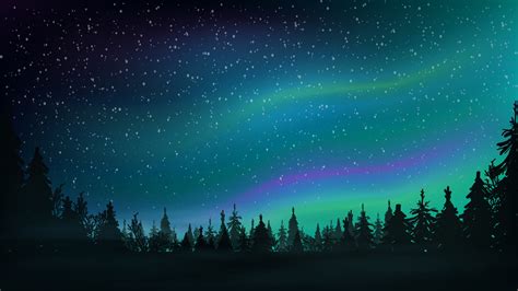 Pine Forest Starry Sky And Northern Lights Night Landscape With