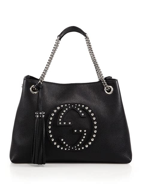 Gucci Medium Soho Black Leather Shoulder Bag With Chain Straps Nar