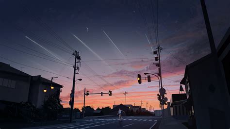 Artwork Digital Art Anime Night Street House Traffic Lights