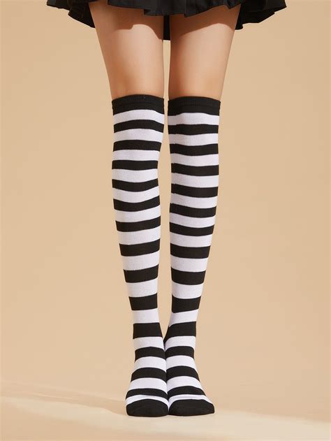 Black And White Cotton Blends Striped Over The Knee Socks Embellished Women Socks And Hosiery