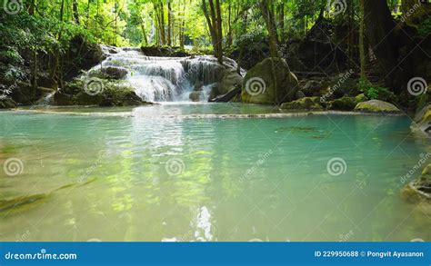 Waterfall In The Emerald Blue Water In Erawan National Park Erawan