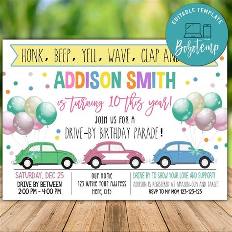 Printable Drive By Birthday Parade Invitation Template Diy