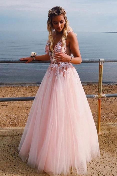 Pink V Neck Tulle Lace Long Prom Dress Pink Tulle Evening Dress B458