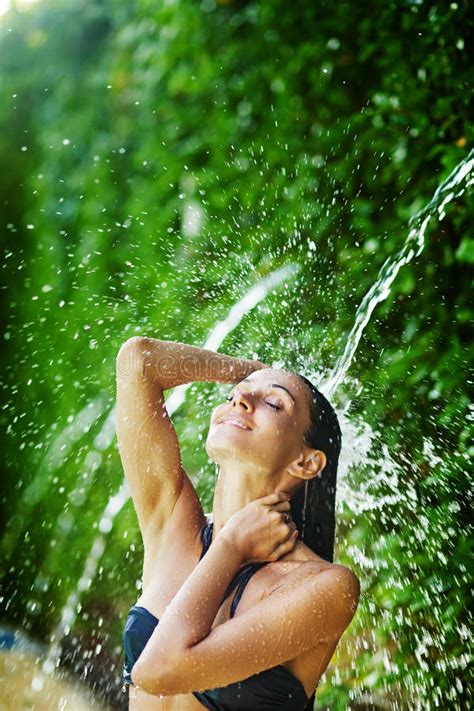 Woman Having Shower Under Tropical Waterfall Stock Photo Image Of