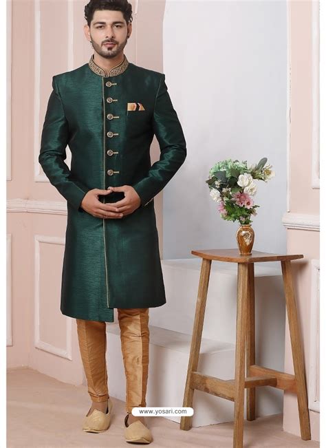 Buy Dark Green Premium Mens Designer Indo Western Sherwani Sherwani