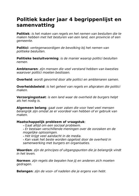 Politiek Jaar Kader Samenvatting Begrippenlijst Politiek Kader