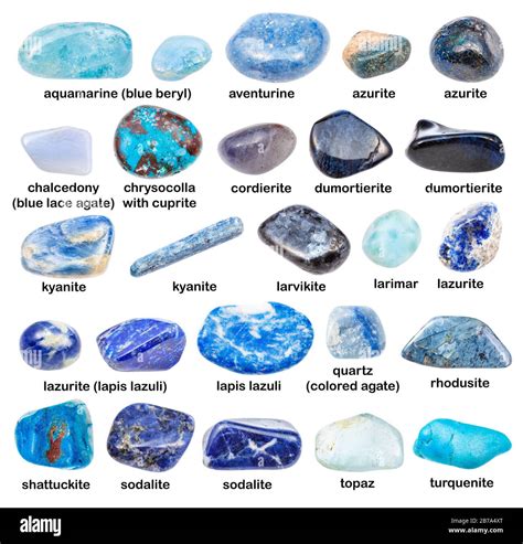 Set Of Various Blue Gemstones With Names Chrysocolla Kyanite Topaz