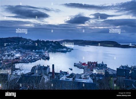 Oban Town Centre In The Evening Twilight At Dusk From Mccaigs Tower