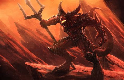Hd Wallpaper Demon Spear Fire Hell Tail Horns Fantasy Horned One Person Wallpaper Flare