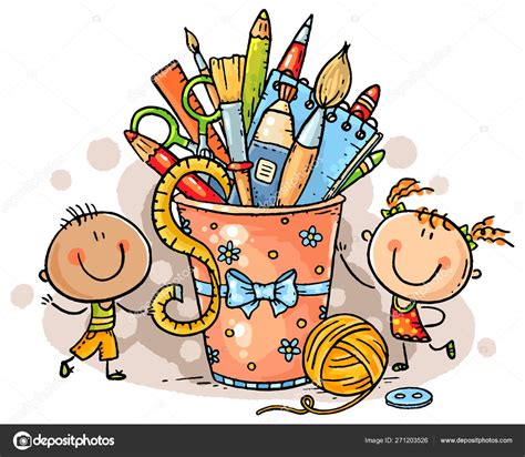 Creative Kids With Crafting Tools No Gradients Stock Vector Image By