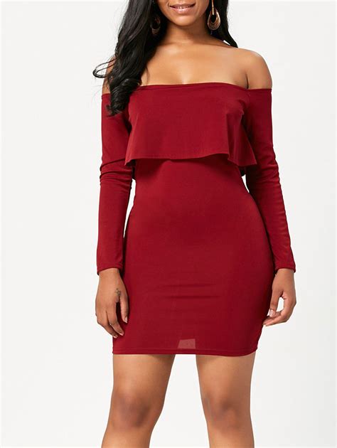Off The Shoulder Long Sleeve Bodycon Dress In Wine Red S Rosegal Com