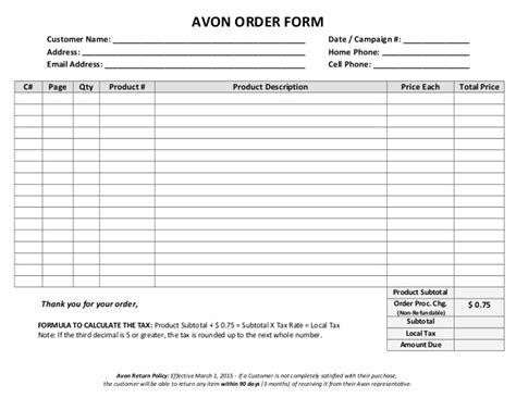 Avon Order Form