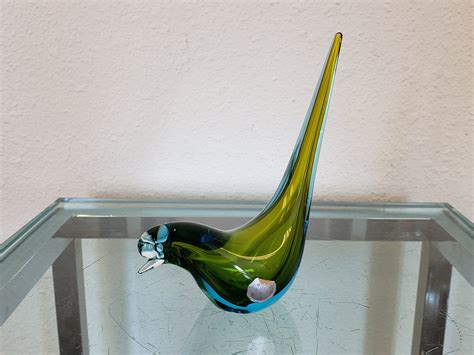 Vintage Murano Glass Bird Tail Up Blue Green Mid Century Glass