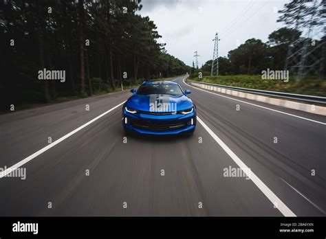 Blue Sport Car With Black Stripes Stock Photo Alamy