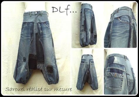 unisex harem pants in patchwork of recycled jeans custom made etsy diy ripped jeans sewing