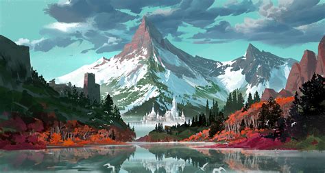 Mh C Digital Art Fantasy Art Mountains Forest Snow Castle Lake