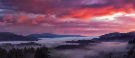 Hd Wallpaper Foggy Forest During Sunset Breaking Dawn Trossachs
