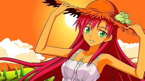 Wallpaper Illustration Redhead Long Hair Anime Girls Looking At Viewer Sky Hat Green