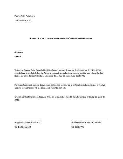 Carta De Desvinculacion Puerto Asís Putumayo 2 De Junio De 2022