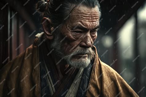 Retrato Do Velho Guerreiro Samurai Japonês No Tradicional Quimono