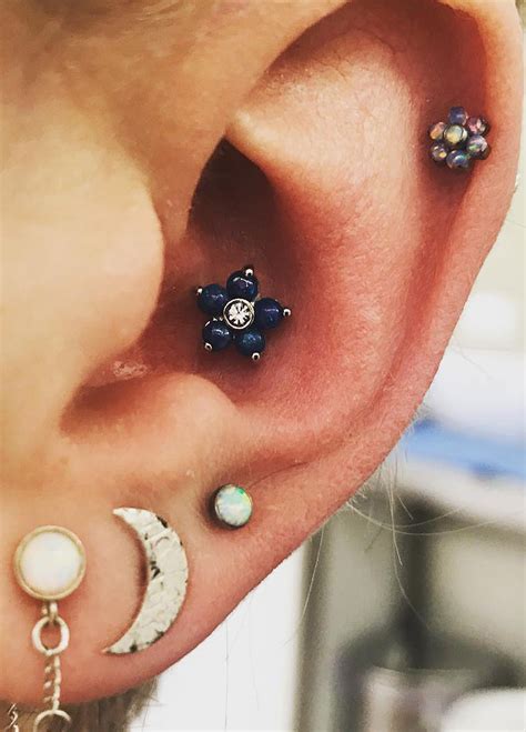 Cute Opal Flower Cartilage Conch Multiple Ear Piercing Ideas For Women