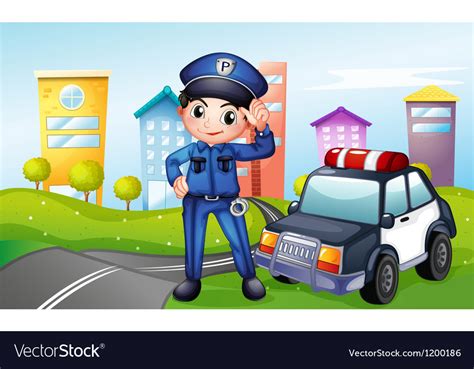 A Policeman With A Police Car Along Street Vector Image