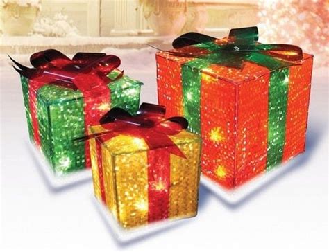 Set Of 3 Pre Lit Red Green And Yellow Glistening T Box Christmas