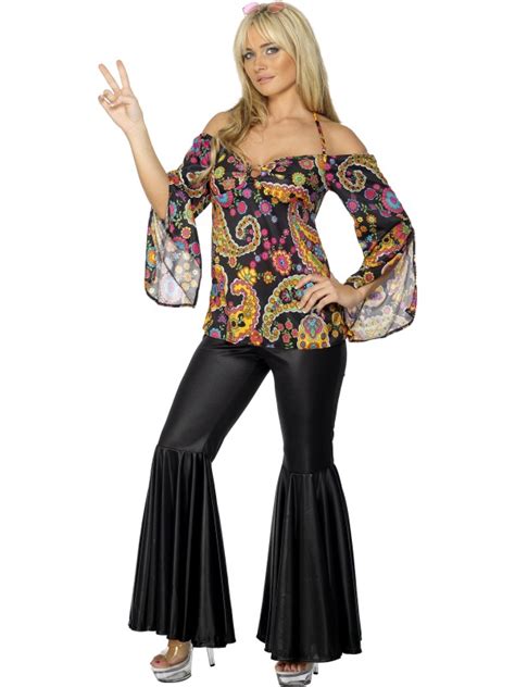 Hippy Flares Top Ladies Fancy Dress 1960s 1970s Womens Costume Hippie Outfit Ebay