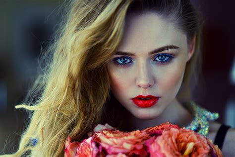 wallpaper face women model flowers long hair blue eyes looking at viewer dress red