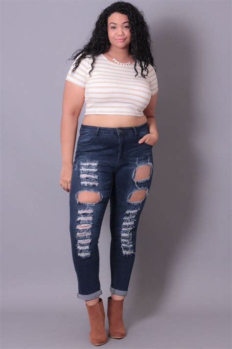 This Plus Size Extra Stretch Skinny Jeans Features A Destroyed Front