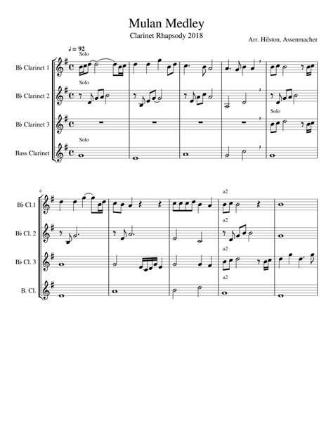 Mulan Medley Sheet Music For Clarinet Download Free In