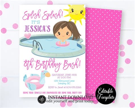 Invitations Summer Birthday Invitation Digital File Splish Splash Watercolor Invite Unicorn Pool