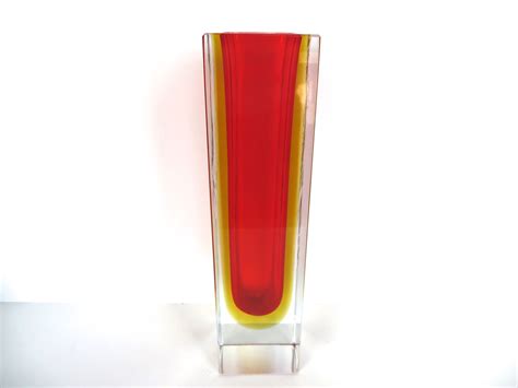 Vintage Modern 10 Mandruzzato Sommerso Block Glass Vase Large Red And Yellow Murano Sommerso