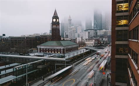 Usa United States Morning Fog Blur Buildings Seattle America