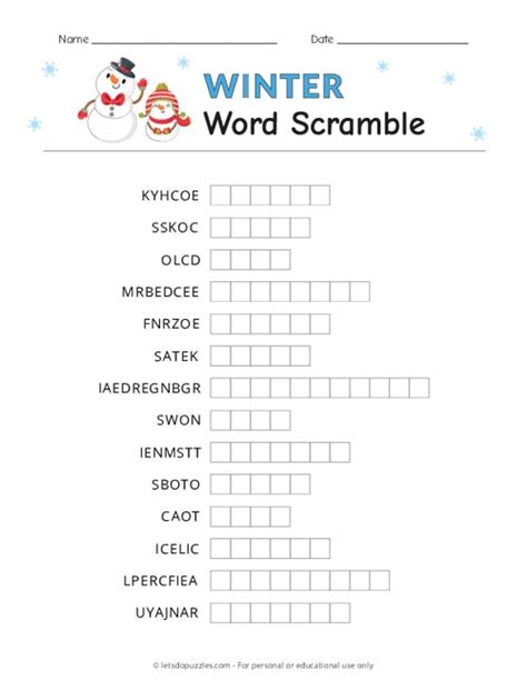 Winter Word Scramble Printable Puzzles For Kids