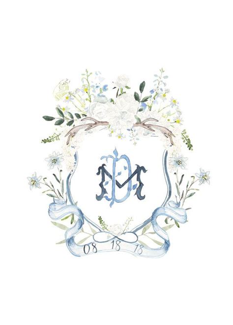Custom Watercolor Crest Wedding Crest Custom Monogram Blue And White Wedding Crest