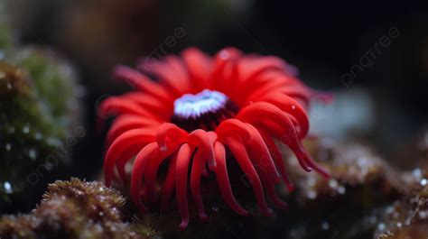 Opulent Underwater Photography Of Red Anemone Flower In The Ocean Water