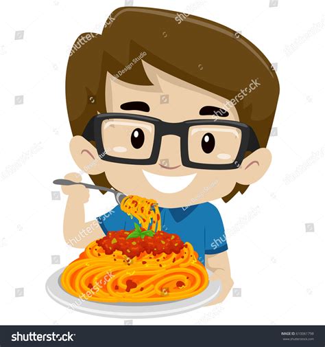 Vector Illustration Kid Boy Eating Spaghetti เวกเตอร์สต็อก ปลอดค่า