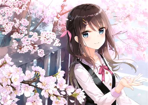 Blue Eyes Brown Hair Cherry Blossoms Cropped Flowers Fuumi Radial