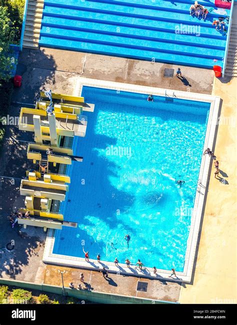 Aerial View Of The Public Swimming Pool Panorama Bath Velbert Neviges With Diving Tower And