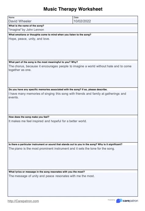 Music Therapy Worksheet And Example Free Pdf Download