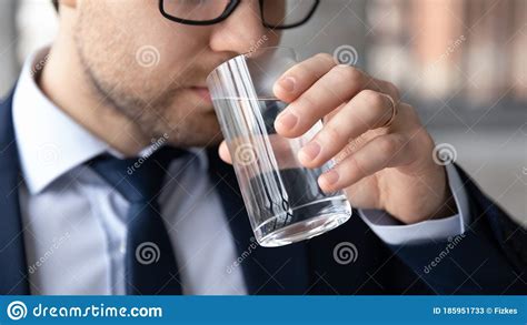 Close Up Of Male Employee Drink Clean Water Stock Image Image Of