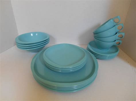 Vintage Boontonware Aqua Blue Melamine Melmac Dinnerware Etsy Aqua Blue Cup And Saucer