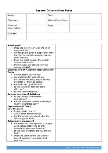 Remember that doing classroom observations can be a sensitive topic for most teachers. Formal Observation Lesson Plan Template Fresh Pe Lesson Observation forms by Matkins1974 ...