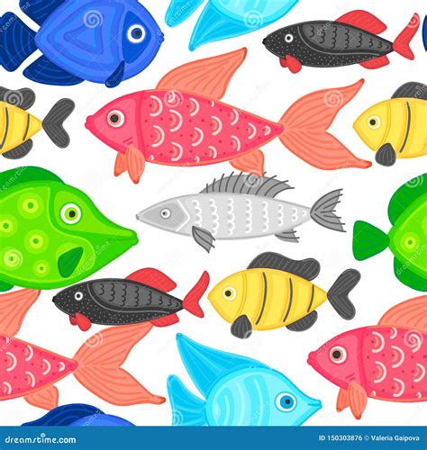 Vector Seamless Pattern With Colorful Abstract Fish Undersea World
